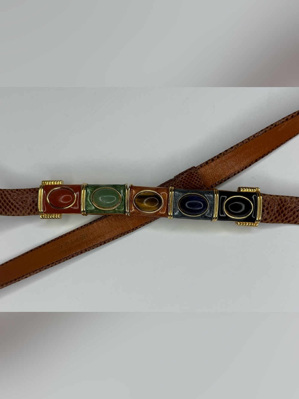 Alexis Brown Snake Skin Belt with Red, Green, Yellow, Navy, Black Stone Accents